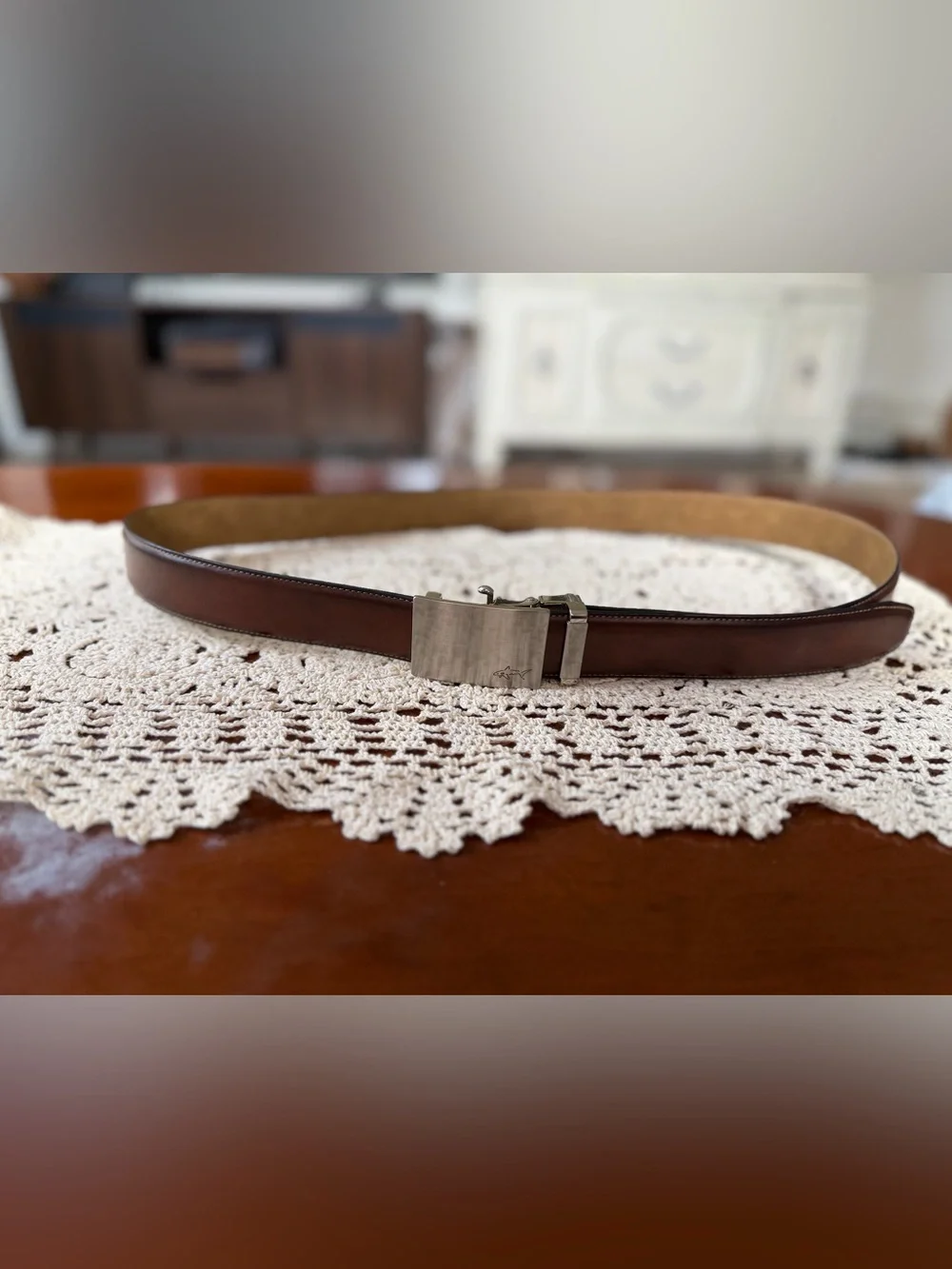 Greg Norman Collection Brown Leather Adjustable Belt with Brushed Silver Buckle